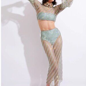 NEW NEVER WORN Patbo Hand-Beaded Rhinestone Netted Top and Skirt US Small